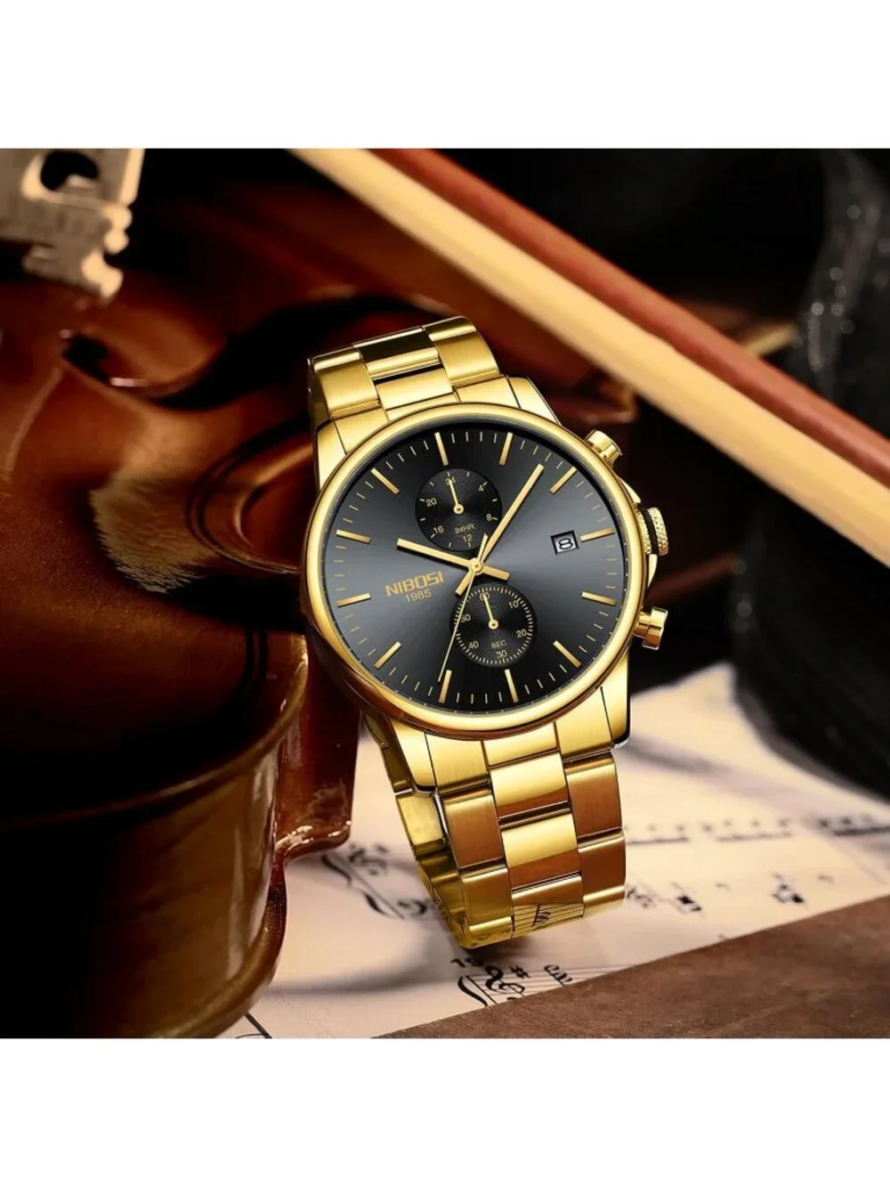 Men's Gold Stainless Steel Quartz Waterproof Day Date Casual Dress Wrist Watch